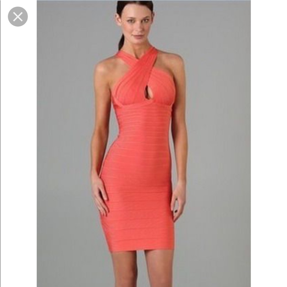Peach Herve Leger cross neck halter dress